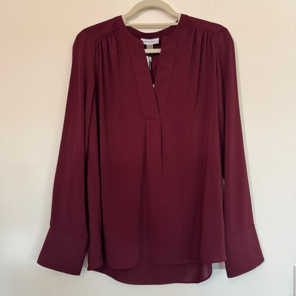 NWT Calvin Klein Women's L Pullover Blouse Maroon Long Sleeves Work Office Smart